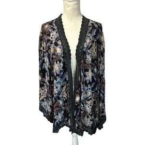 Free People Black Floral Lace Trim Kimono Women’s Size Medium